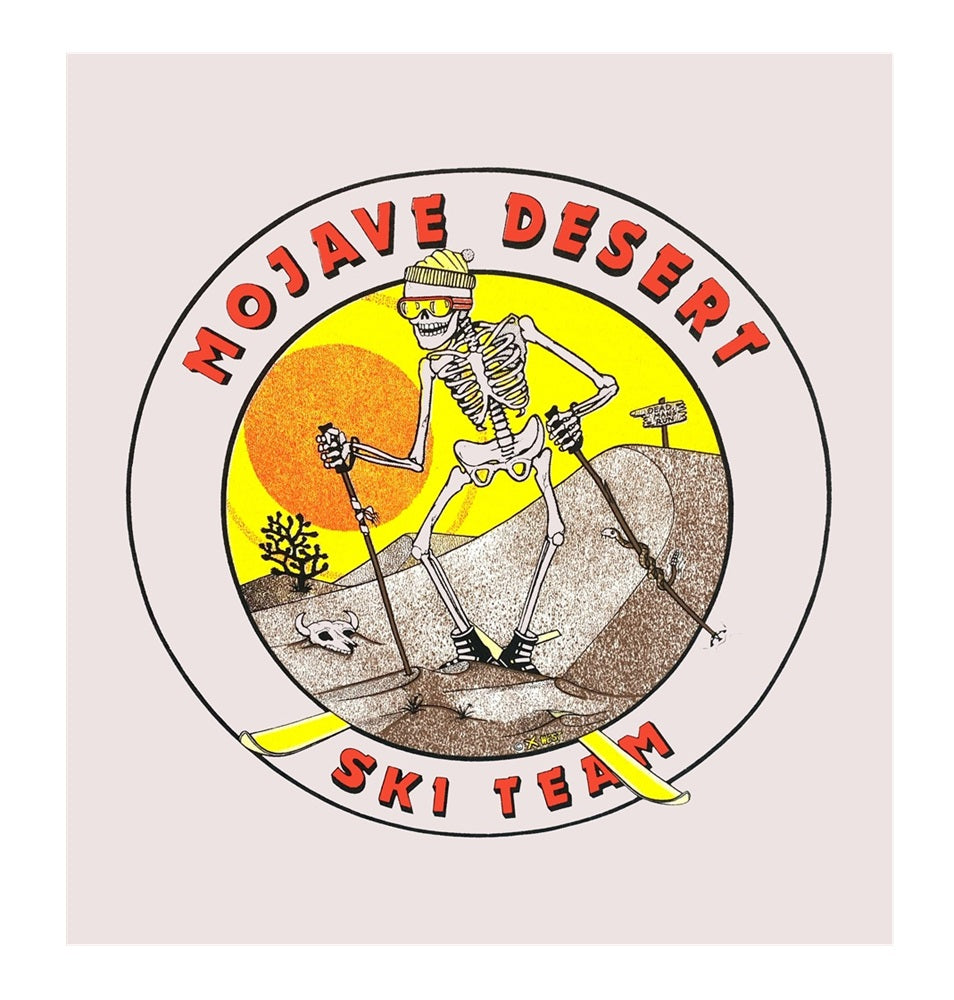 Skeleton skiing with 'Mojave Desert Ski Team' text and desert landscape illustration.